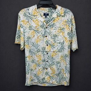 George Mens Button Front Shirt Size M White Yellow Pineapple Rayon Camp Collar